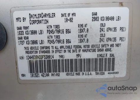 2003 Dodge Durango Sport/Sxt from USA, damaged, VIN 1D4HS38N33F530014